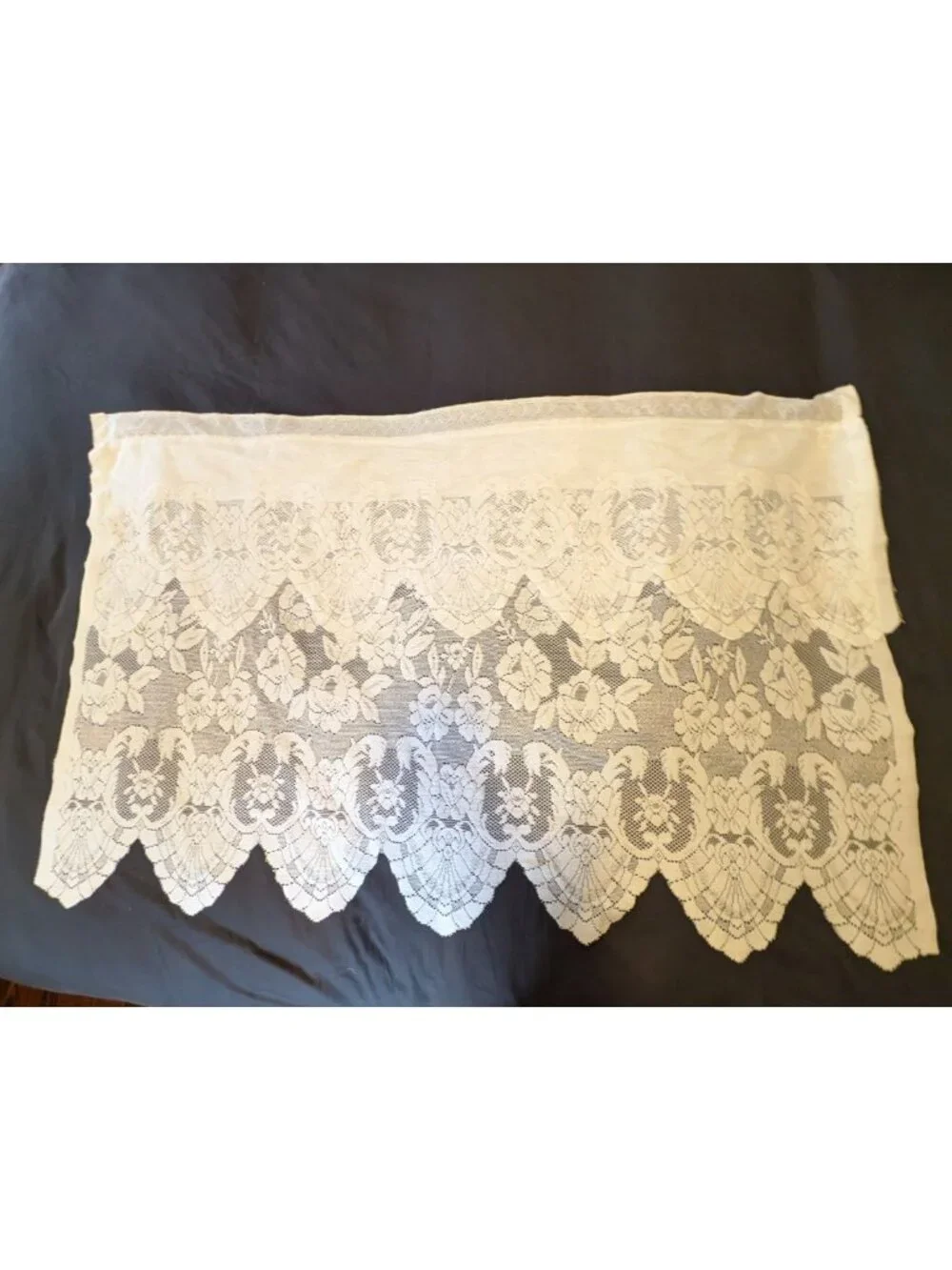 Vtg Lace Curtains Cafe Panels Attached Valance Set of 2 White Floral Roses 36